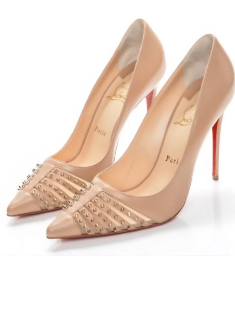 Christian Louboutin Leather Pumps Womens Size 6.5 Nude Spikes Studs Red Bottoms